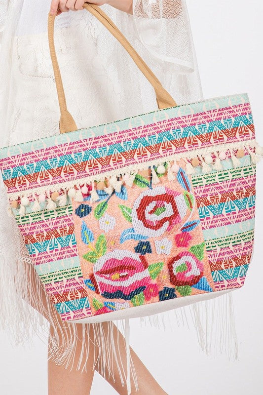 Flower and Tassel Beaded Tote Bag