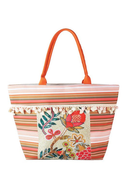 Flower Embroideries and Tassel Beaded Tote Bag