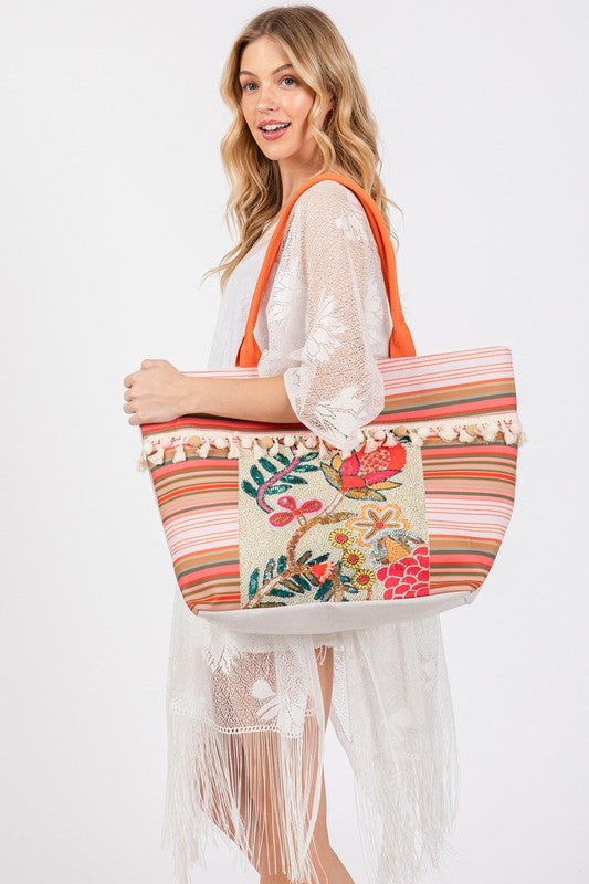 Flower Embroideries and Tassel Beaded Tote Bag