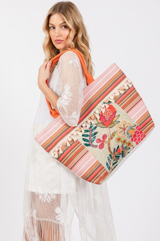 Flower Embroideries and Tassel Beaded Tote Bag