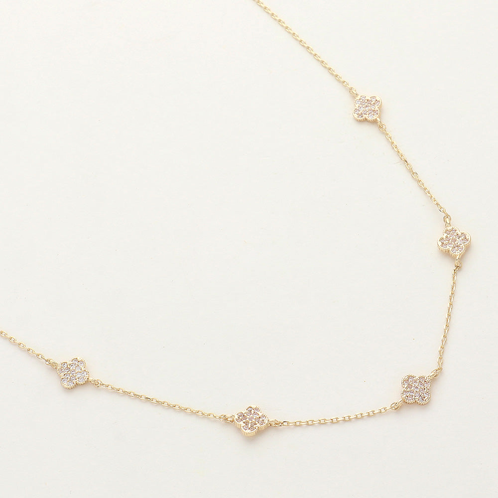 Stone Paved Quatrefoil Link Pointed Brass Necklace