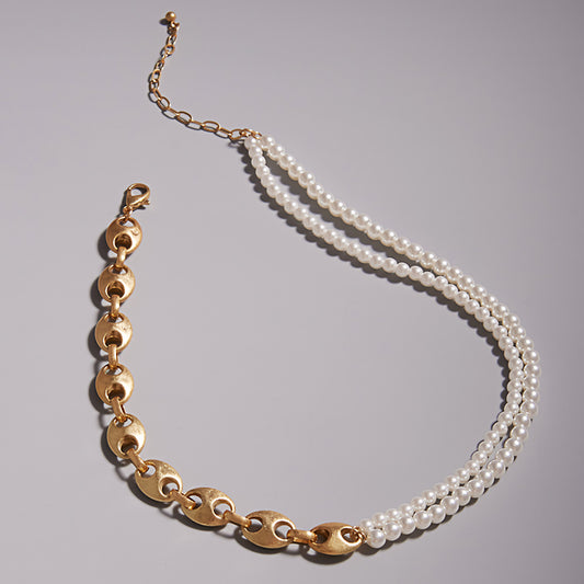 Brushed Metal Mariner Link Pearl Beaded Layered Link Necklace