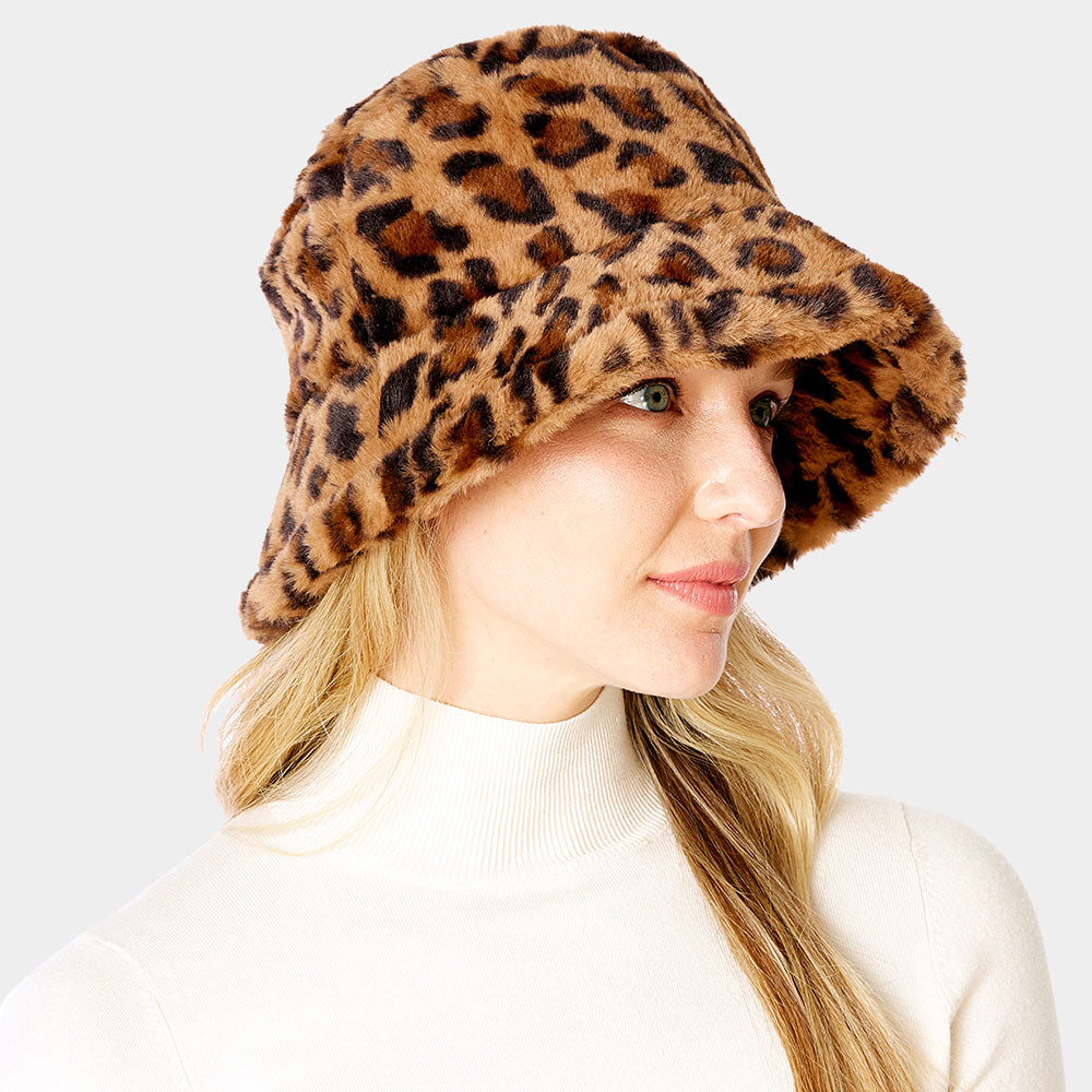 Leopard Patterned Faux Fur Bucket Hat