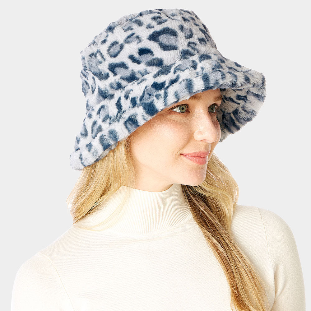 Leopard Patterned Faux Fur Bucket Hat