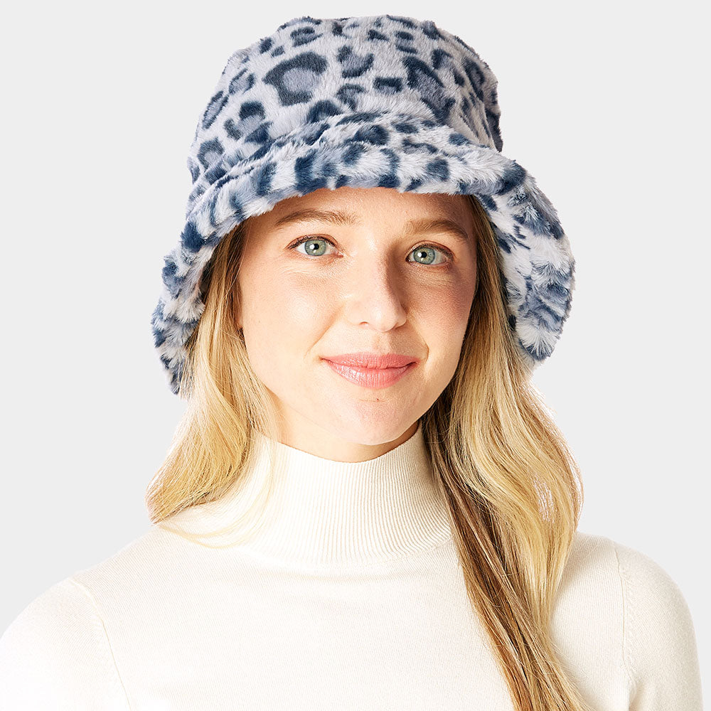 Leopard Patterned Faux Fur Bucket Hat