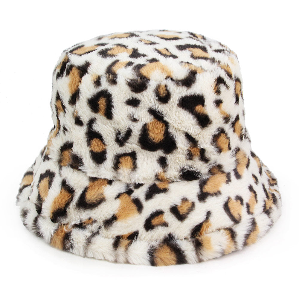 Leopard Patterned Faux Fur Bucket Hat