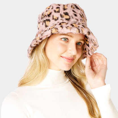 Leopard Patterned Faux Fur Bucket Hat