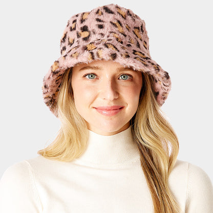 Leopard Patterned Faux Fur Bucket Hat