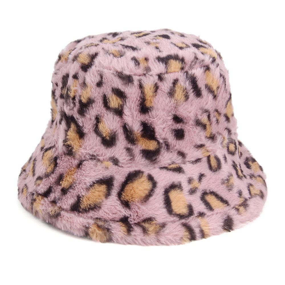 Leopard Patterned Faux Fur Bucket Hat