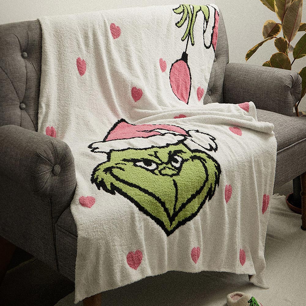 Christmas Hearts & Grinch Cozy Terry Cloth Throw Blanket