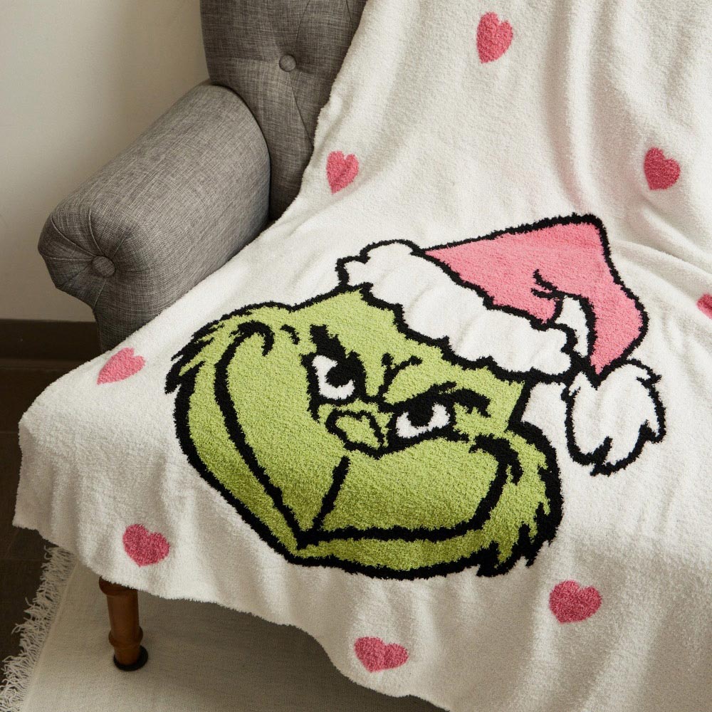 Christmas Hearts & Grinch Cozy Terry Cloth Throw Blanket