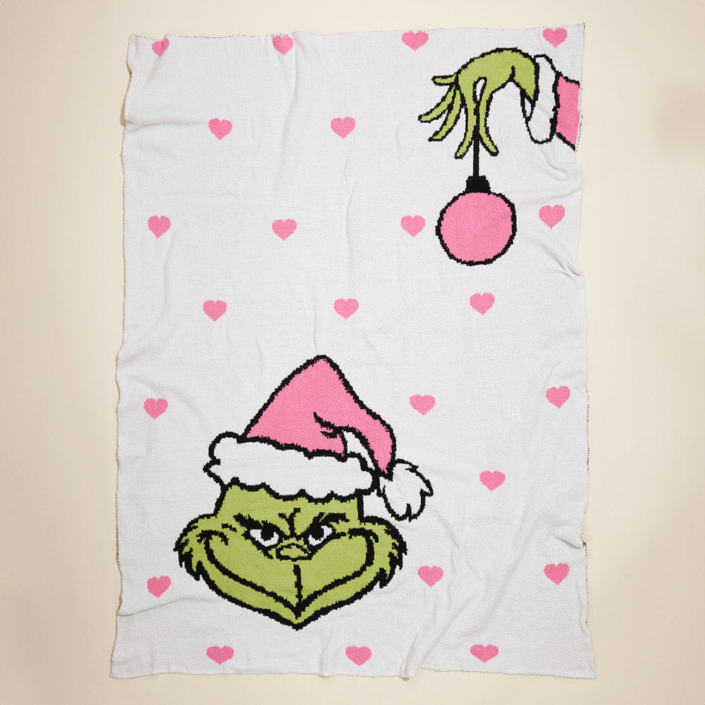 Christmas Hearts & Grinch Cozy Terry Cloth Throw Blanket