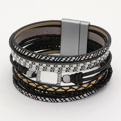 Stone Paved Beaded Faux Leather Strap Magnetic Bracelet