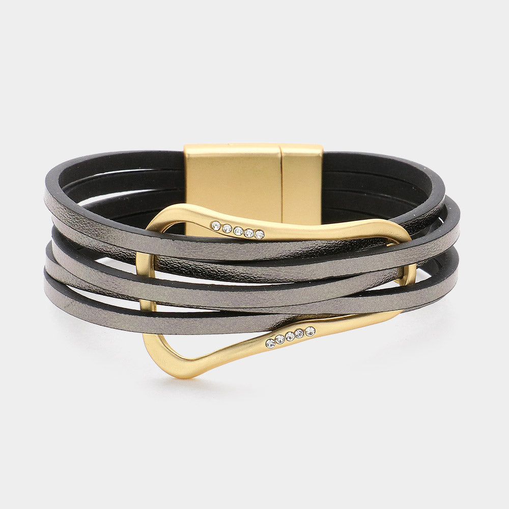 Stone Paved Brushed Metal Buckle Faux Leather Layered Bracelet