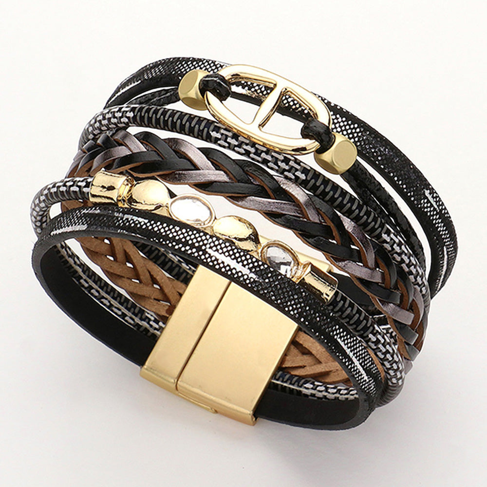 Metal Charm Faux Leather Braided Strap Magnetic Bracelet