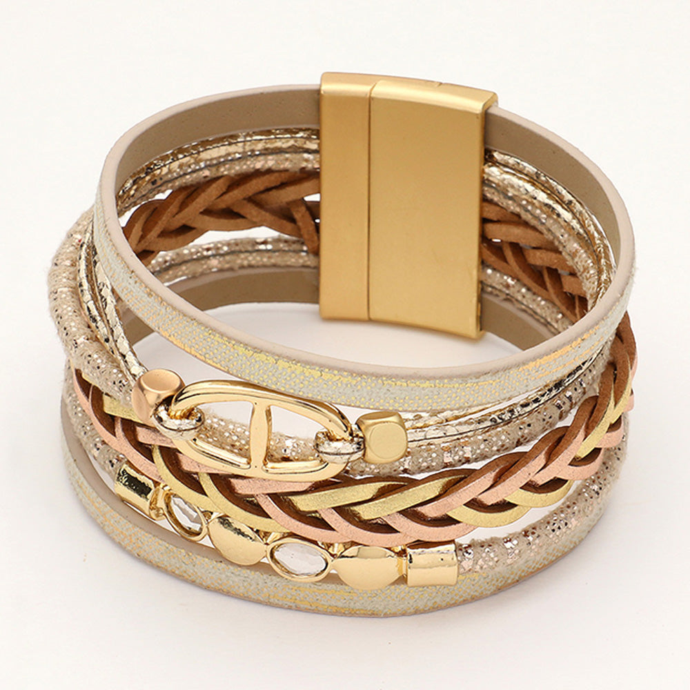 Metal Charm Faux Leather Braided Strap Magnetic Bracelet