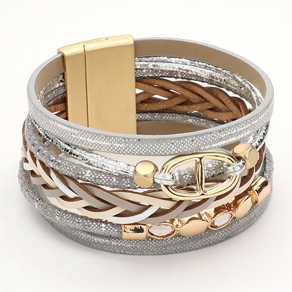 Metal Charm Faux Leather Braided Strap Magnetic Bracelet