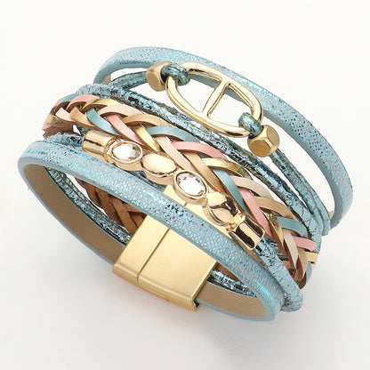 Metal Charm Faux Leather Braided Strap Magnetic Bracelet