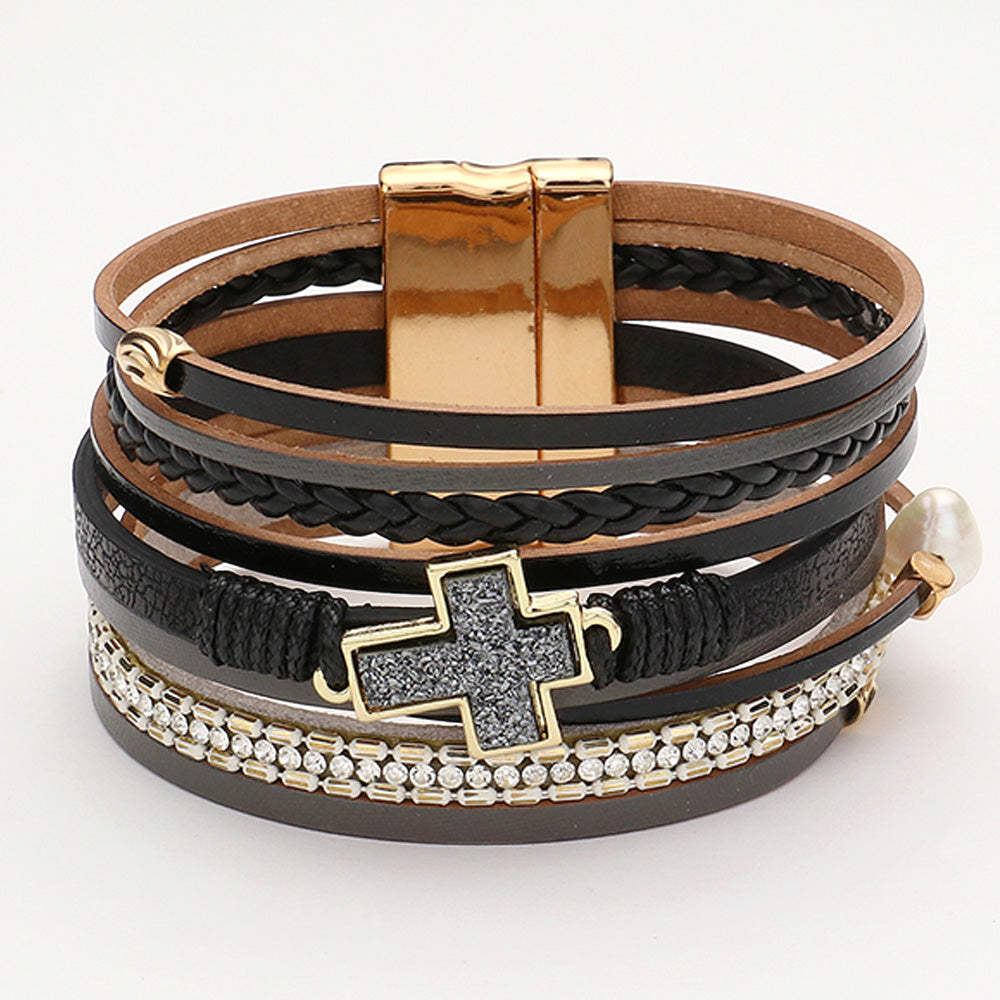 Druzy Cross Pearl Faux Leather Rhinestone Strap Magnetic Bracelet