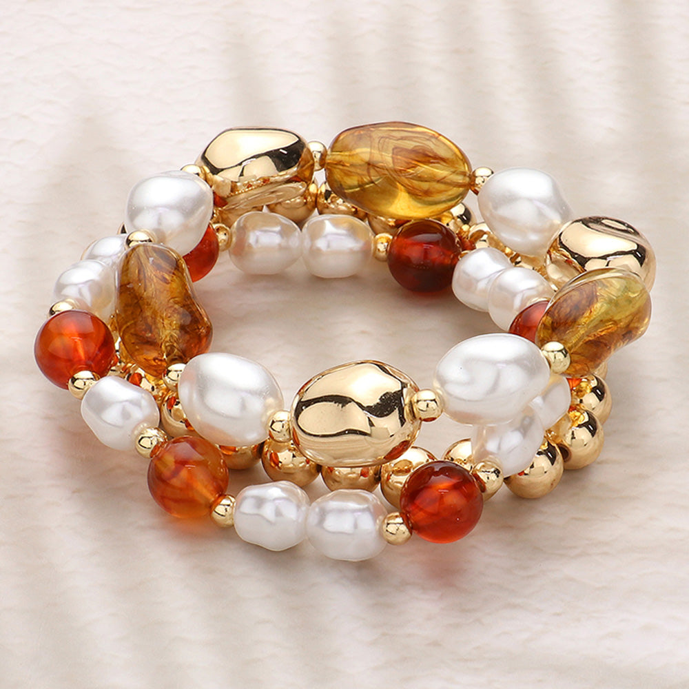 Pearl Metal Glass Beaded Stretch Multi Layered Bracelets