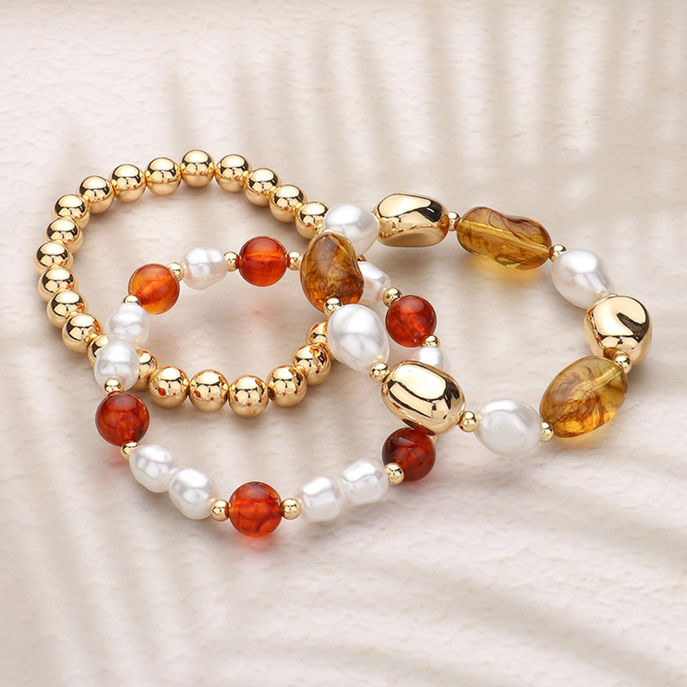 Pearl Metal Glass Beaded Stretch Multi Layered Bracelets