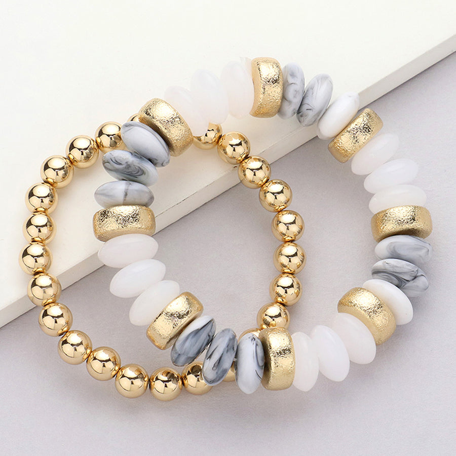 Natural Stone & Metal Beaded Stretch Layered Bracelets