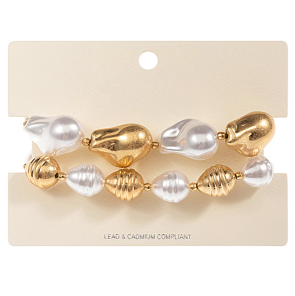 Irregular Pearl Metal Beaded Stretch Double Layered Bracelets