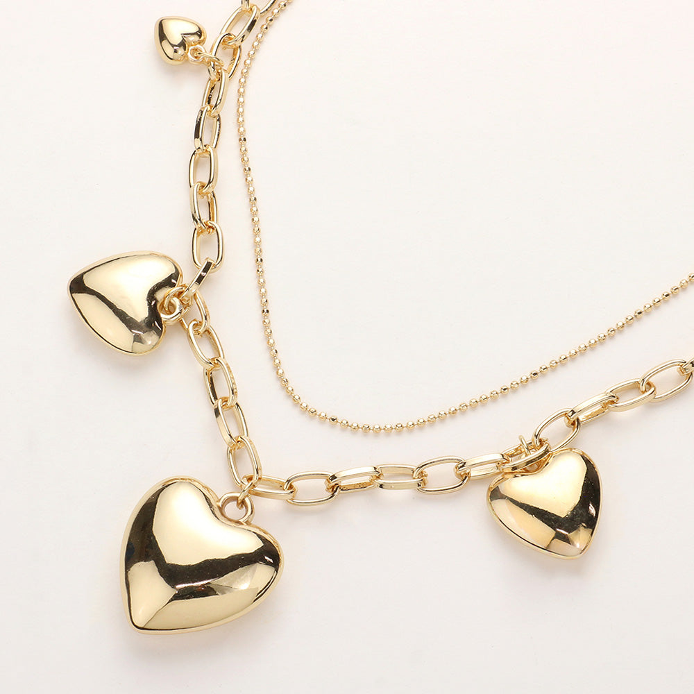 Metal Heart Charm Station Layered Necklace