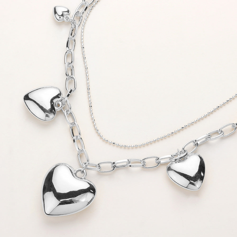 Metal Heart Charm Station Layered Necklace