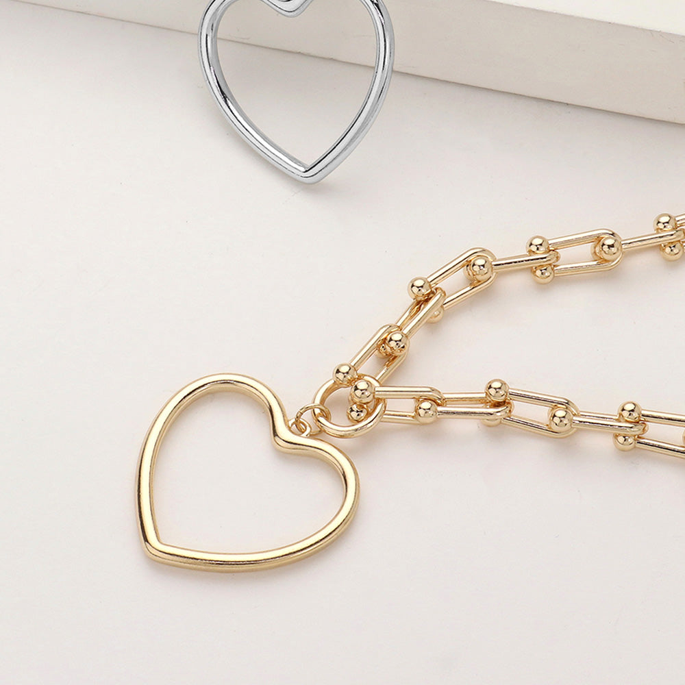 Metal Open Heart Pendant Hardware Chain Necklace