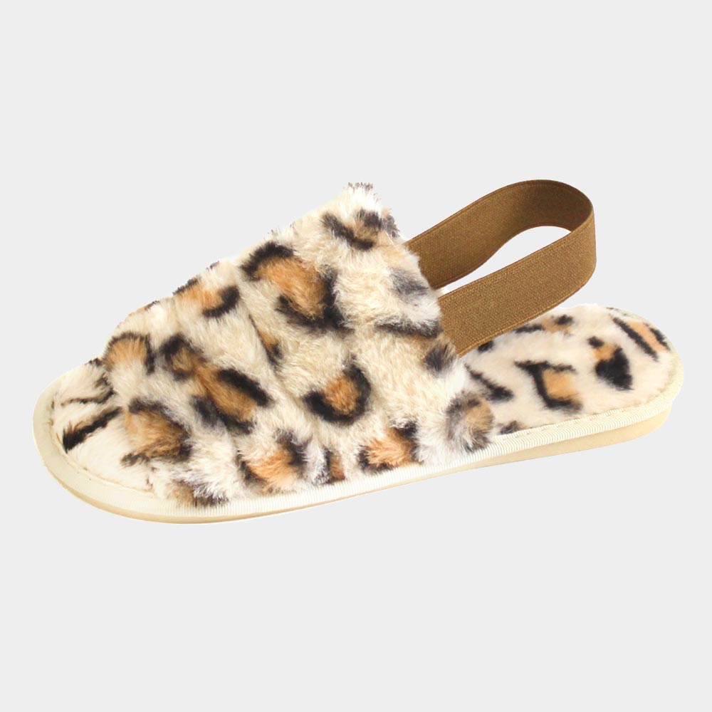 Leopard Patterned Fuzzy Faux Fur Elastic Slingback Strap Soft Home Slippers