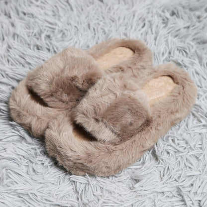 Fuzzy Solid Color Open Toe Indoor Floor Slippers