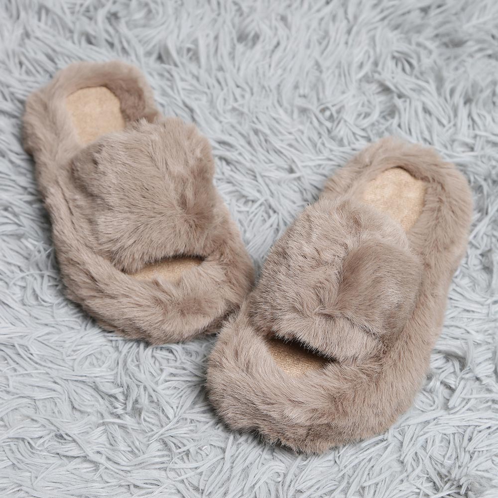 Fuzzy Solid Color Open Toe Indoor Floor Slippers