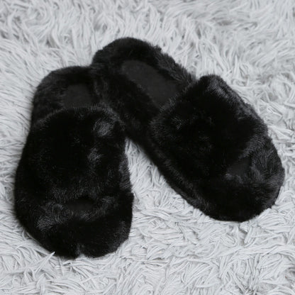 Fuzzy Solid Color Open Toe Indoor Floor Slippers