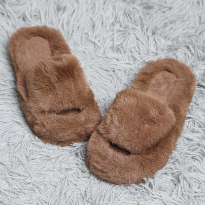 Fuzzy Solid Color Open Toe Indoor Floor Slippers