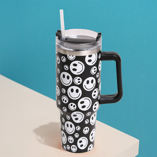 Happy Face Printed 40oz Stainless Steel Tumbler With Handle