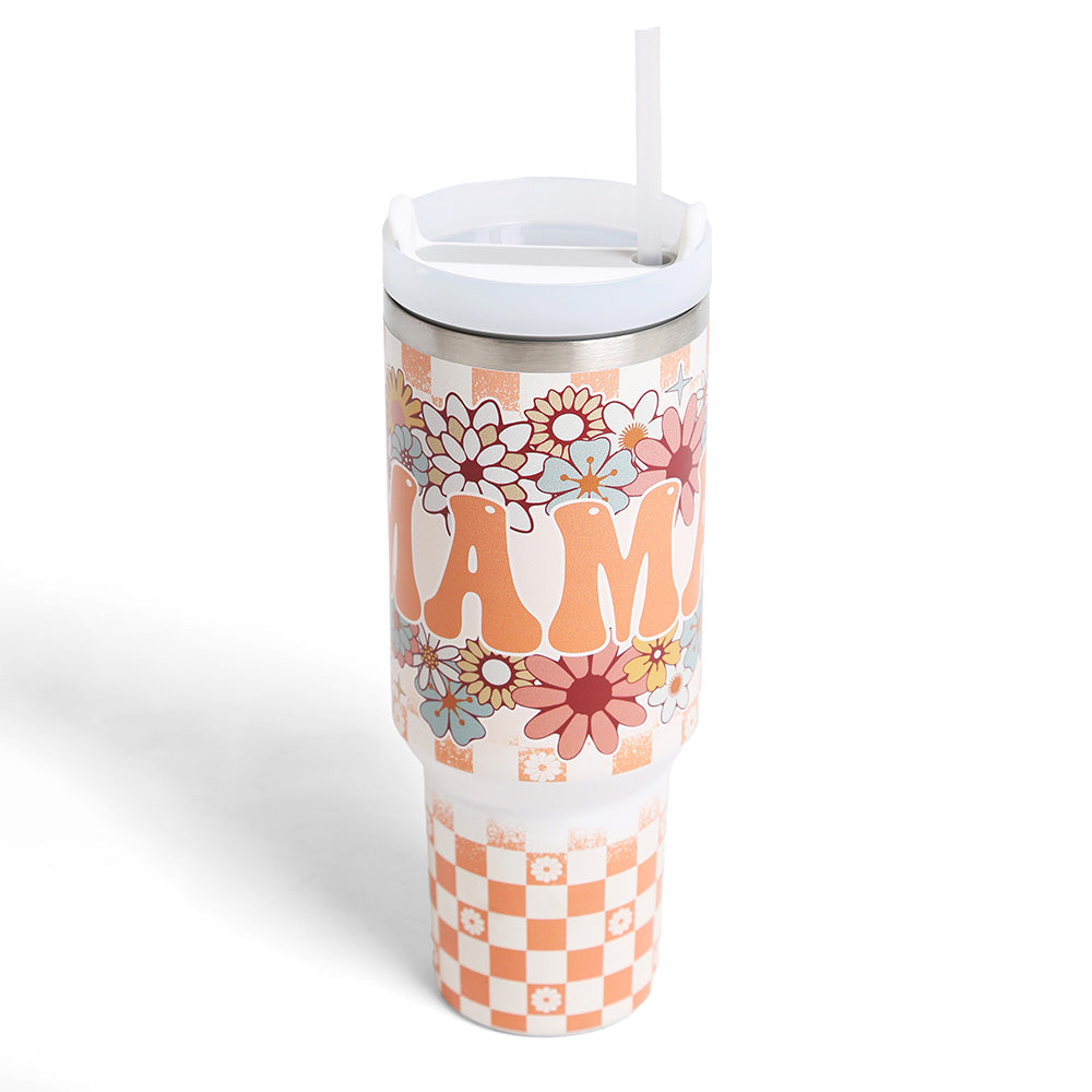 MAMA Floral Pattern Printed 40oz Stainless Steel Tumbler with Handle