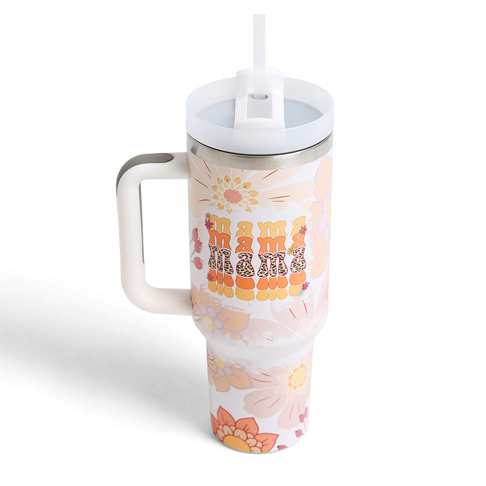 MAMA Floral Pattern Printed 40oz Stainless Steel Tumbler with Handle