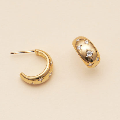 18K Gold Dipped CZ Stone Paved Northern Star Mini Hoop Earrings