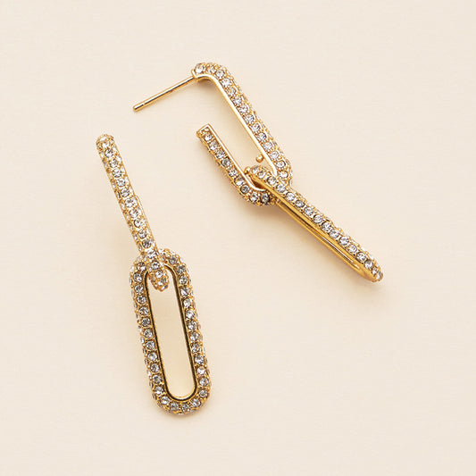 18K Gold Dipped CZ Stone Paved Paperclip Linked Dangle Earrings