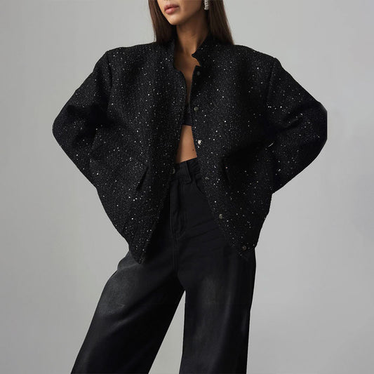 Sequined Stand Collar Loose Jacket