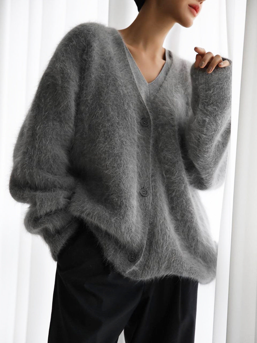 Loose Sweater Cardigan with Faux Fur