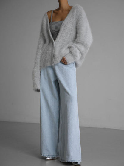 Loose Sweater Cardigan with Faux Fur