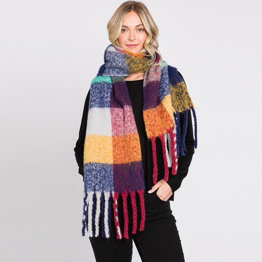 Multi Colored Plaid Check Patterned Fringe Oblong Scarf