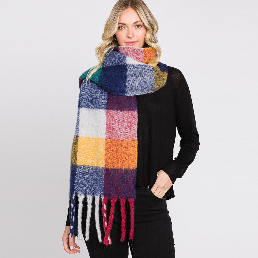 Multi Colored Plaid Check Patterned Fringe Oblong Scarf