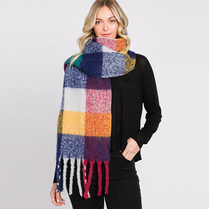 Multi Colored Plaid Check Patterned Fringe Oblong Scarf