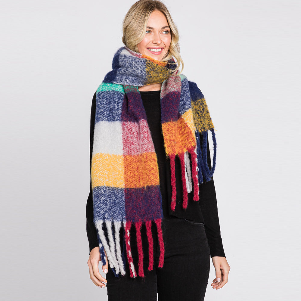 Multi Colored Plaid Check Patterned Fringe Oblong Scarf