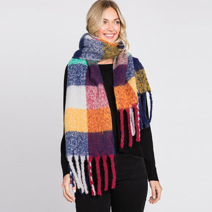 Multi Colored Plaid Check Patterned Fringe Oblong Scarf