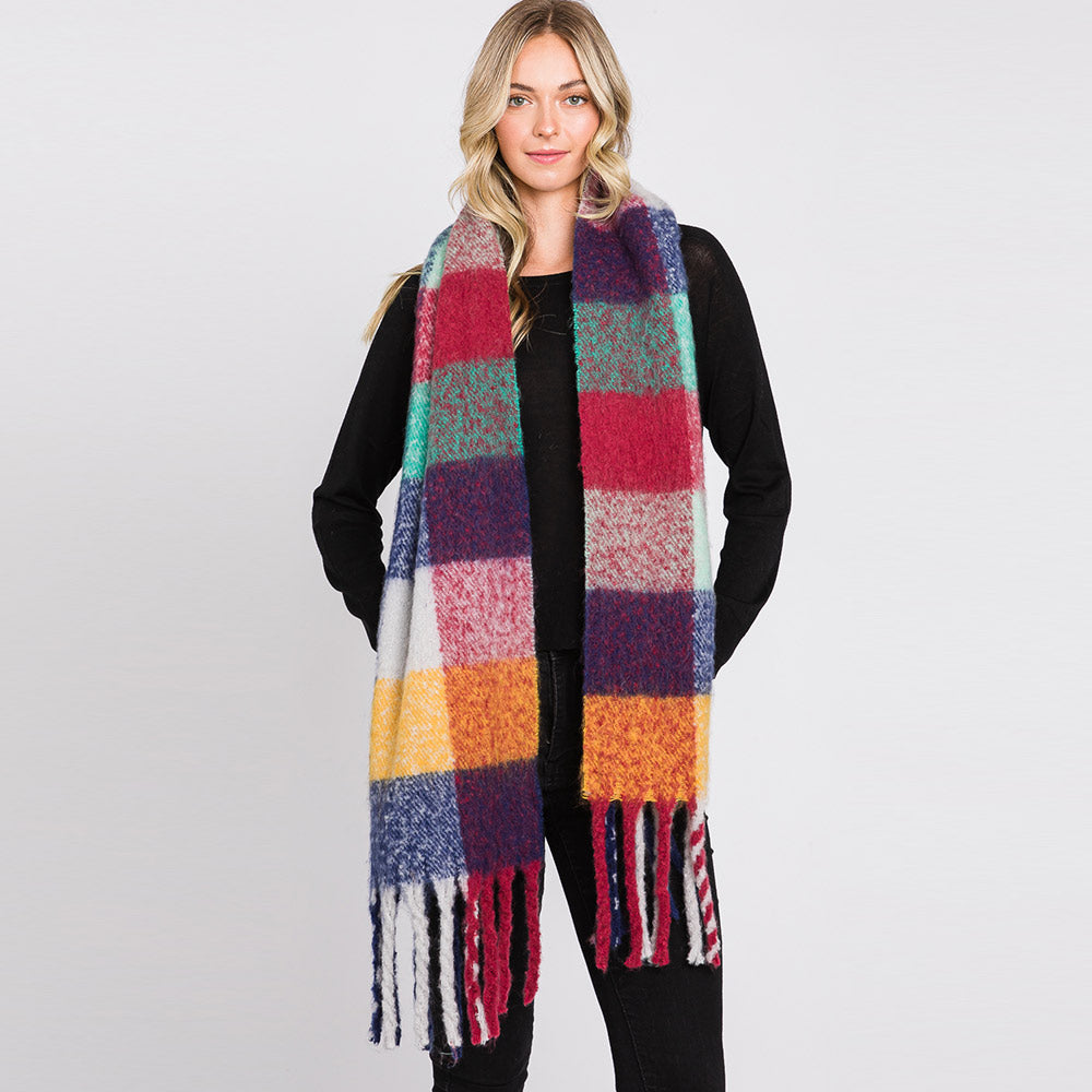 Multi Colored Plaid Check Patterned Fringe Oblong Scarf