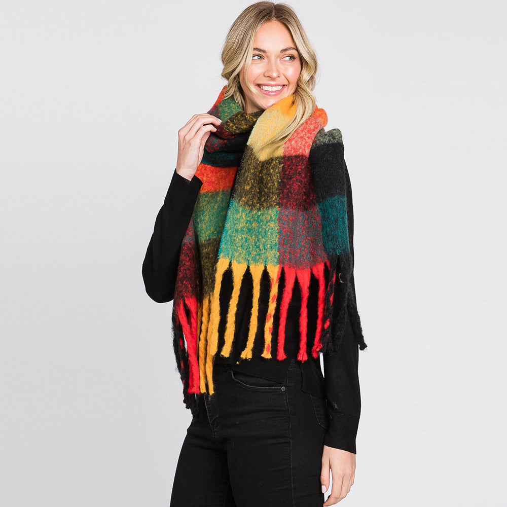 Multi Colored Plaid Check Patterned Fringe Oblong Scarf